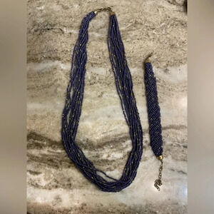 THIN MULTI STRAND SEED BEAD NECKLACE & AMAZING BRACELET Blue And Gold Braided